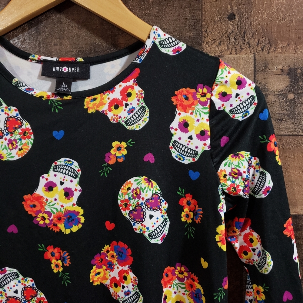 Amy Byer NWT sugar skulls, flowers, and hearts print knit‎ dress - Picture 8 of 8